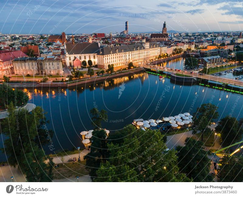 Aerial view of Wroclaw located by Odra river, Poland wroclaw poland cityscape aerial afternoon evening island wrocÅ‚aw from above buildings downtown oder place
