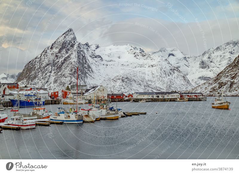 The port of Hamnoy on the Lofoten with fishing boats in winter hamnoy Lofotes Norway Scandinavia Harbour Mountain Snowcapped peak Vacation & Travel Reine