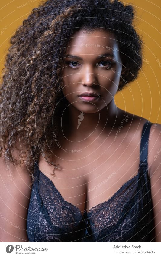Young Plus-sized African American Woman in Bra Stock Image - Image