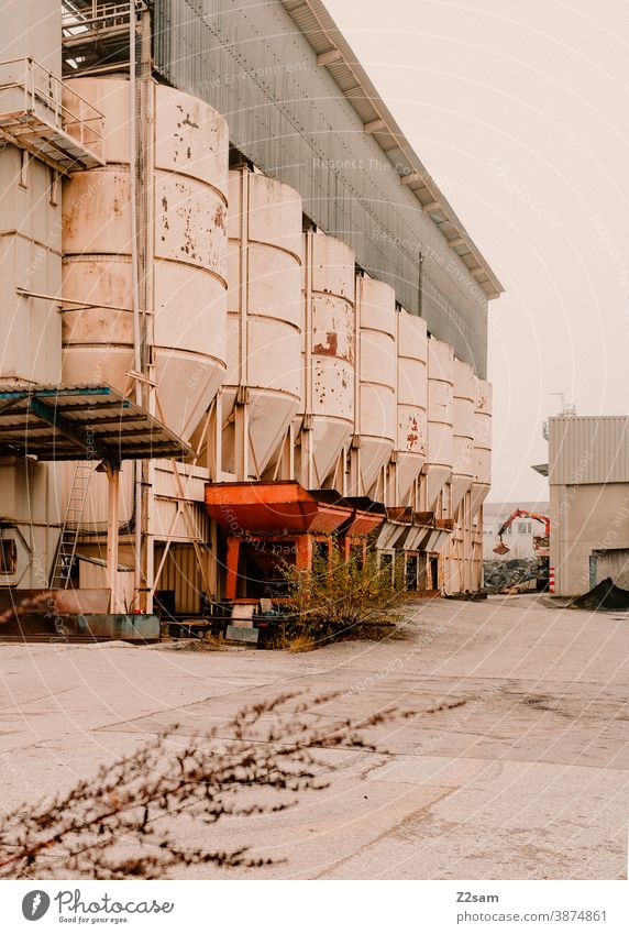 Industrial hall with silos Industry Goal Architecture Production Gray White clean lines graphically Building Garage Deserted Transport Parking garage Container