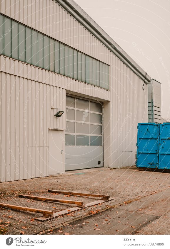 Industrial hall Industry Goal Architecture Production Parking Gray White clean lines graphically Building Garage Deserted Transport Parking garage Container