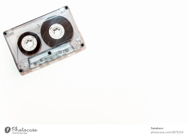 Audio cassette tape isolated on white background audio size small big retro sound old music listen vintage play media old-fashioned grunge copy aged plastic