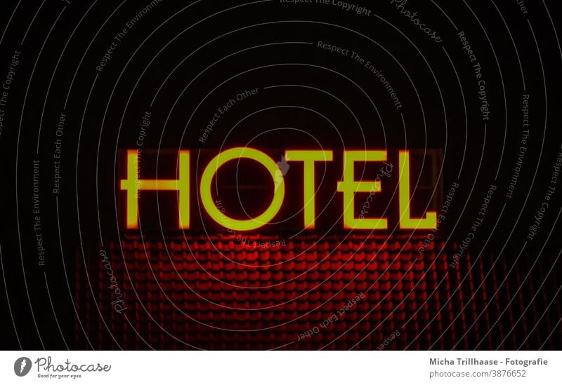 Hotel - illuminated advertising at night hotel industry Neon sign lettering Roof House (Residential Structure) house roof Night Illuminate Tourism Tourists