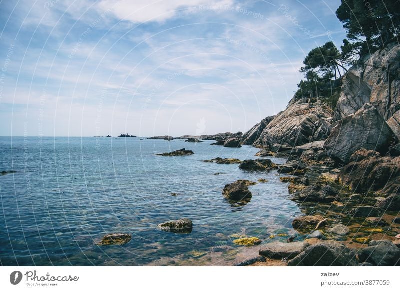 Landscape of a small pebble beach surrounded by rocks with vegetation costa brava calella de palafrugell palamós landscape views sea water mediterranean