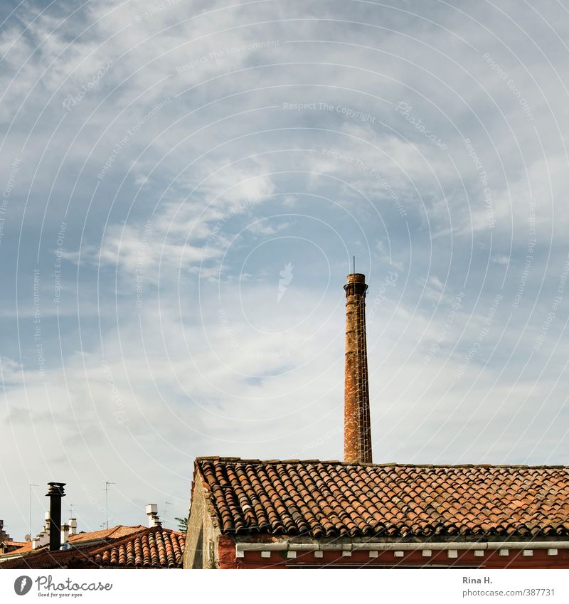 Roof & Chimney Clouds Beautiful weather Venice Town Building Old Blue Red Derelict Square Tiled roof Colour photo Exterior shot Deserted Copy Space left