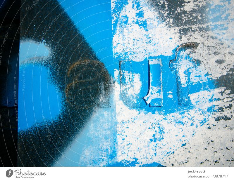 sprayed surface with the word on Surface Blue Spray Street art Subculture Paint traces Creativity Detail Word Typography Abstract Signs and labeling