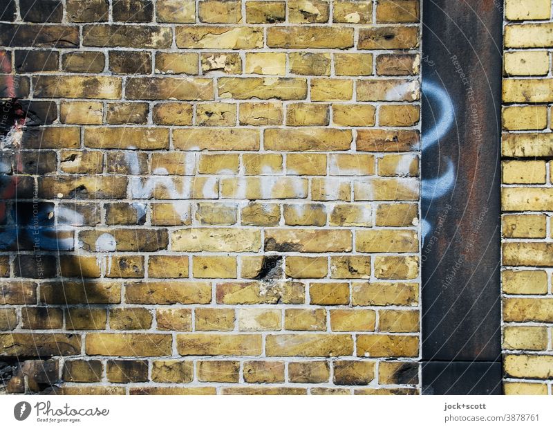 When? If not here and now Word Street art Spray Subculture Creativity clinker Ravages of time Weathered Question mark interstices Characters Wall (barrier)
