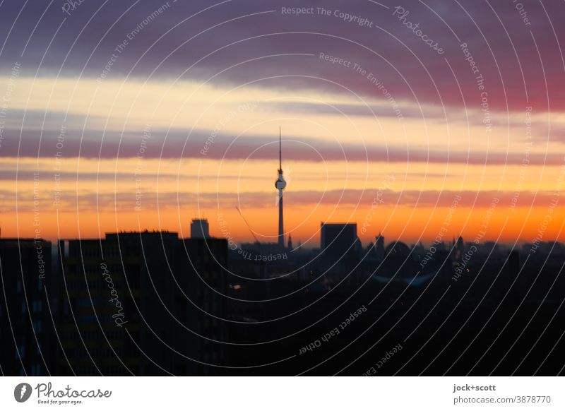 Sunset over the big city Capital city Berlin TV Tower Background picture Light (Natural Phenomenon) Panorama (View) Silhouette Low-key Landmark Dusk Sky