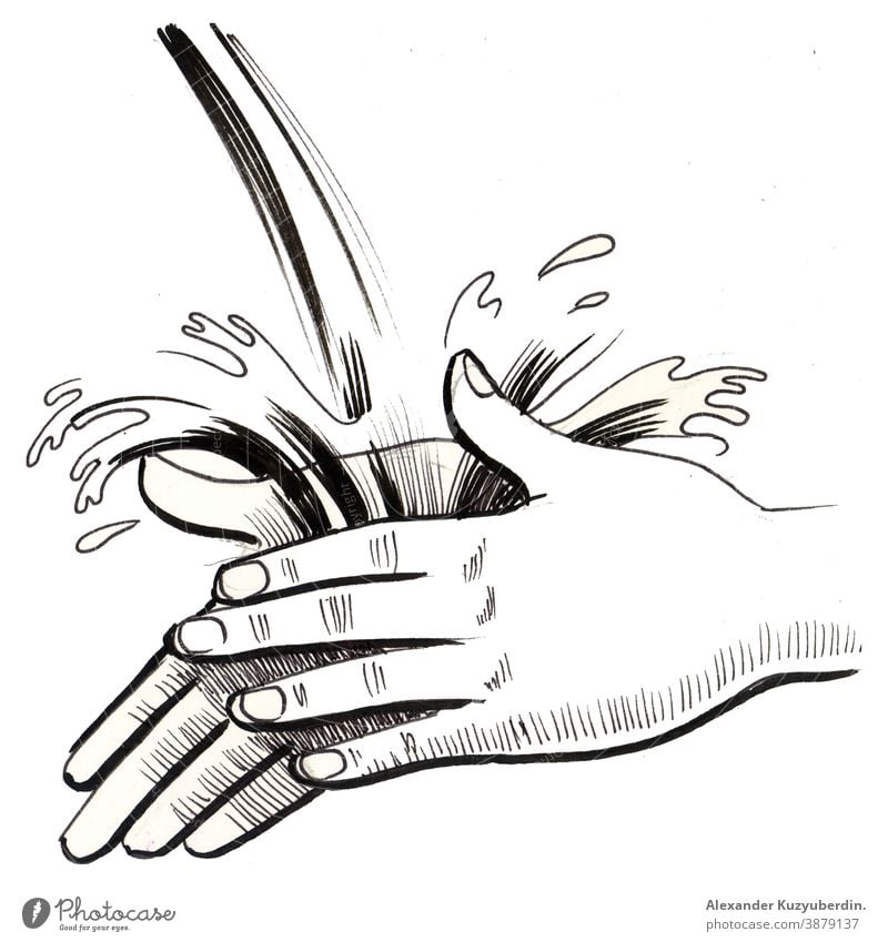 Hand washing in running water. Ink black and white drawing hands hygiene clean soap art artwork background illustration sketch ink