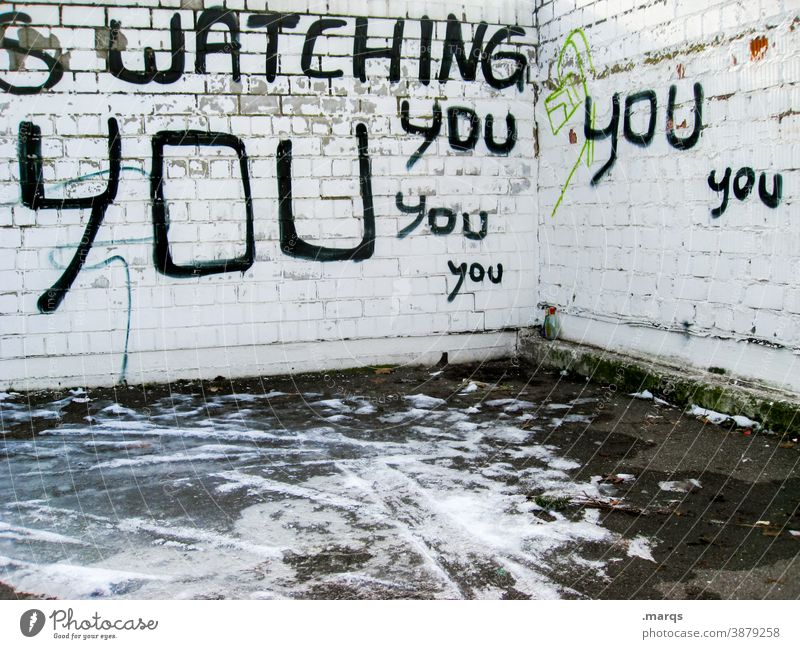 watching you Surveillance Observe Safety Testing & Control Data protection DSGVO Wall (building) White Characters Police state Graffiti Fear Politics and state