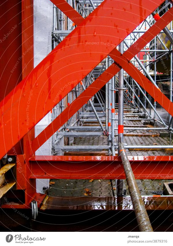 steel structure Steel construction Scaffold Construction site Perspective Red Metal Steel carrier Architecture