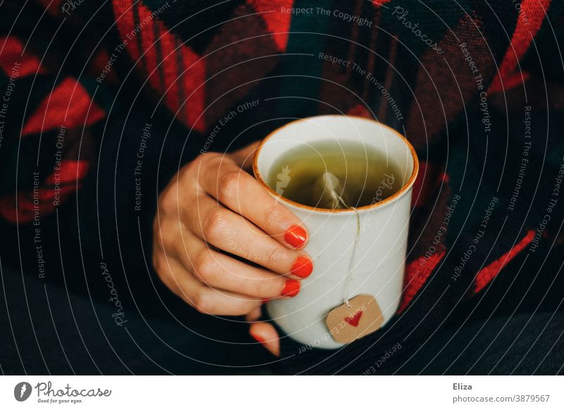 Woman with red painted fingernails holds a teacup, the tea bag has a label with a red heart on it. Tea have tea Cup Tea cup Heart Label Cozy Warmth Wintertime