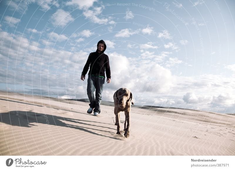 Man with dog in a sandy desert Life Hunting Vacation & Travel Adventure Hiking Human being Adults 18 - 30 years Youth (Young adults) Elements Sand Sky Summer