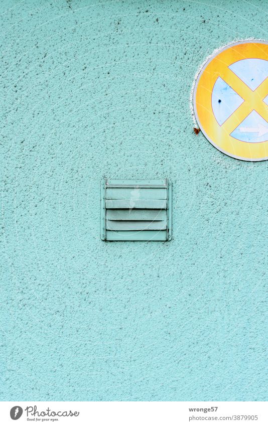 !Trash | House wall with exhaust opening topic day trash house wall Green exhaust air damper Deserted Exterior shot Colour photo Facade Wall (building) Close-up