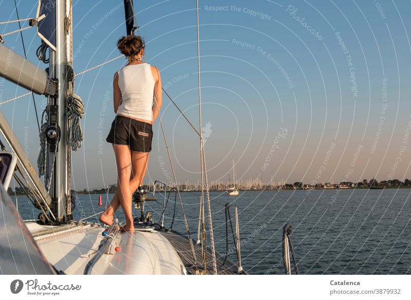 On this summer evening, the young woman stands port side ahead and looks at the marina on the horizon sailing yacht person feminine youthful Woman Stand Observe