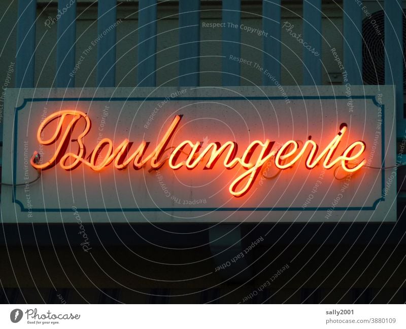 Bonjour... Bakery boulangeria lettering Letters (alphabet) Facade Characters Signs and labeling Neon sign fluorescent tube France French Building Store premises