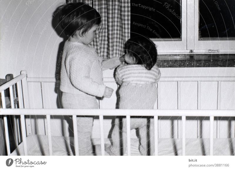 Let's stand together... bittiklein had to stand at 6 months... Child Infancy Stand Drinking Girl Human being Sixties 60s Small Study Bed Grating crib Old