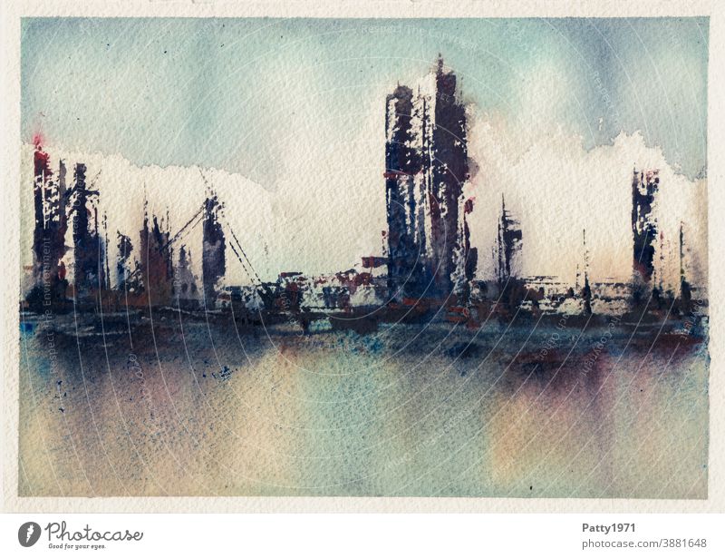 Watercolor painting. Abstract skyline/port with water reflection Watercolors Art Skyline Harbour Oil port somber Colour Film of oil Structures and shapes