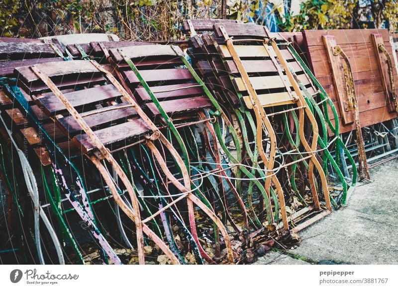 Gastronomy, cleared away folding chairs and folding tables Folding chairs Folding tables Deserted Empty Loneliness Chair Colour photo Exterior shot Calm