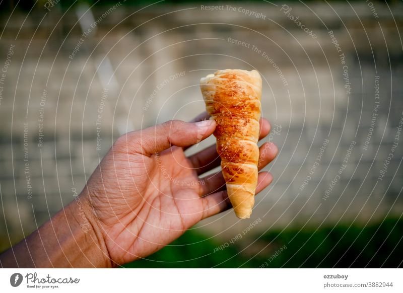 close up hand holding bread person food background bakery hunger isolated concept healthy closeup conceptual life love male show showing bite copy desert
