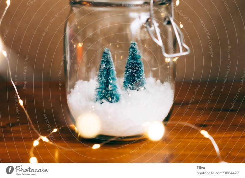 White Christmas in a jar - Two small Christmas trees on snow in a jar with lights around them fir trees Decoration Christmas decoration Glass Fairy lights