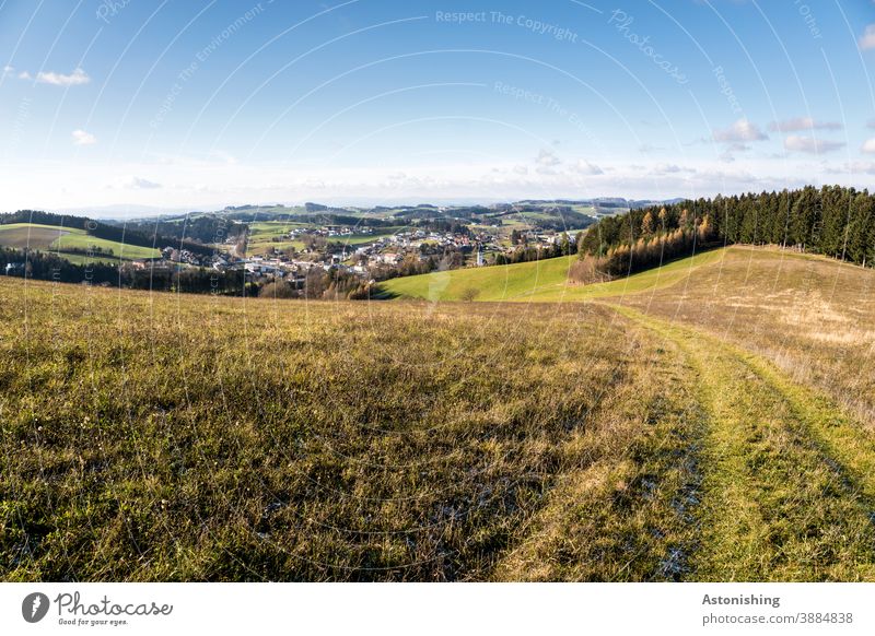 View of Bad Zell mill district Vantage point wide Far-off places Landscape path location Rural Forest Field Agriculture Valley Sky Horizon Clouds Meadow Green