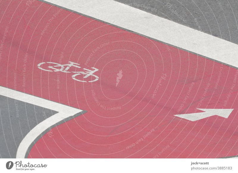 Cycle path clearly visible with directional arrow Pictogram Traffic infrastructure Street Signs and labeling Lane markings Red Line Arrow Road sign Asphalt