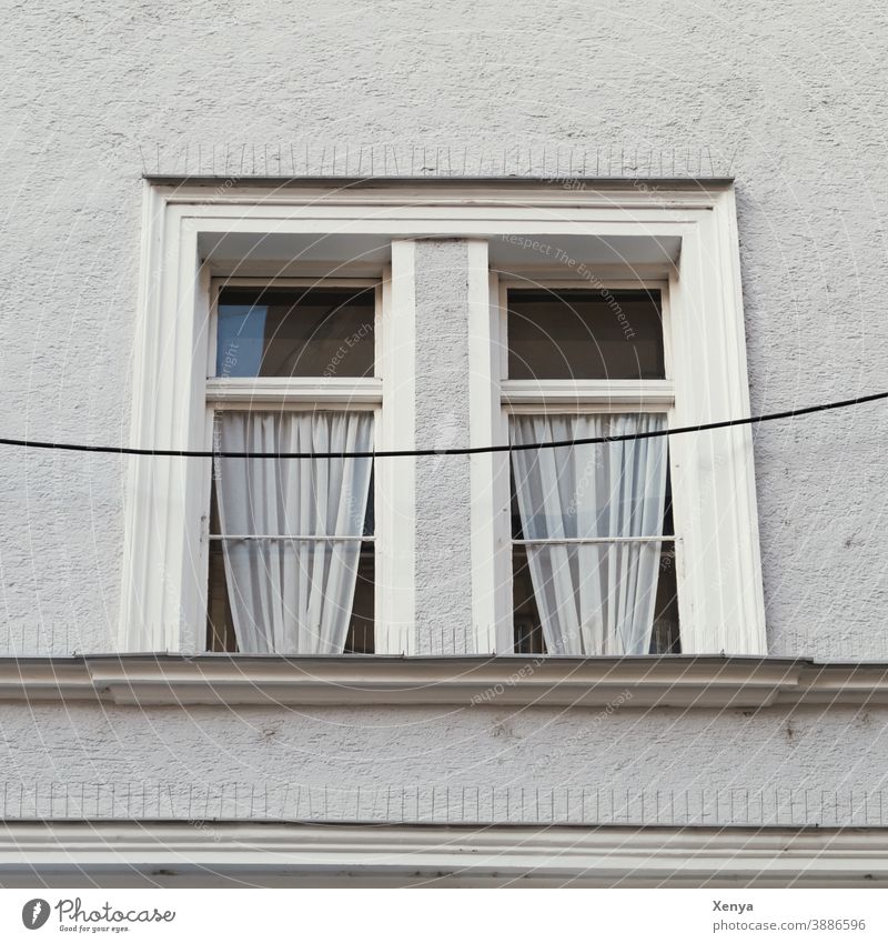 windows Window Gray Loneliness Sadness Facade Wall (building) Building Gloomy Exterior shot Deserted Wall (barrier) House (Residential Structure) curtains Cable