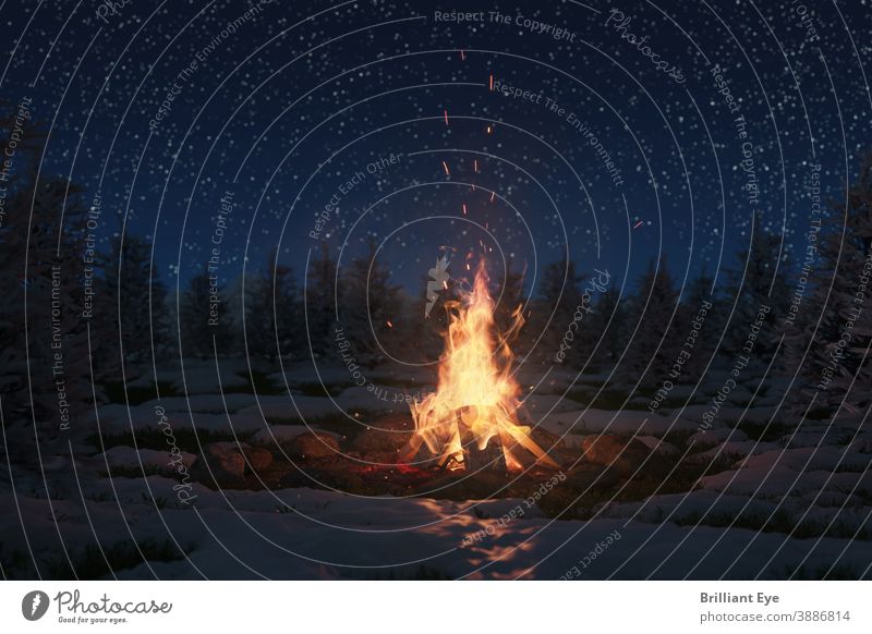 big campfire in the snowy nature and in front of a beautiful starry sky Abstract Adventure Starry sky pretty Large blazing Blue Bonfire Bright Burn Storage