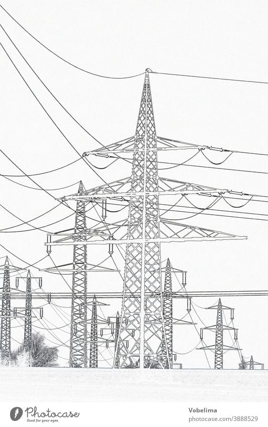 High voltage pylons, graphically processed High voltage power line transmission line stream Electricity pylon Power poles Energy high voltage Energy generation