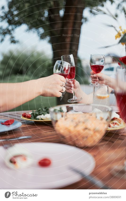 Family making toast during summer outdoor dinner in a home garden feast having picnic food man together woman barbecue table eating gathering people lifestyle