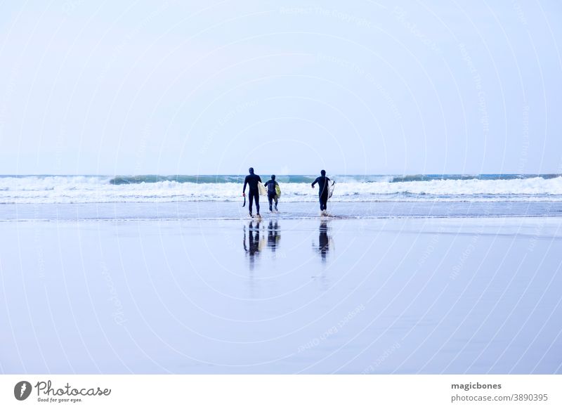 Surfers, carrying surfboards, walking into the water in Cornwall, UK surfers beach reflection cornwall wet sand active uk lifestyle adventure atlantic activity