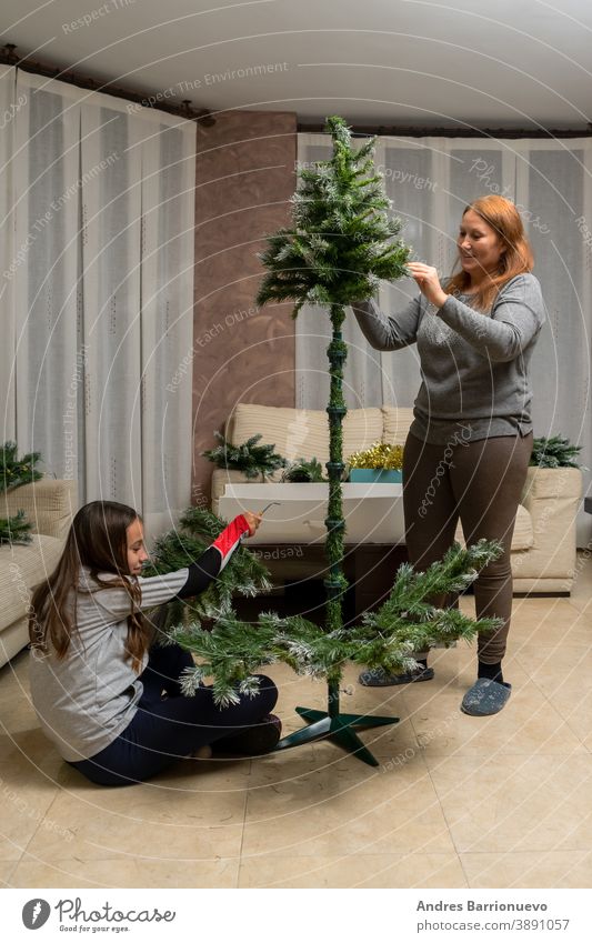 Mother and daughter assembling the Christmas tree in their living room decorated new year fun celebration family christmas tree man cheerful hipster children