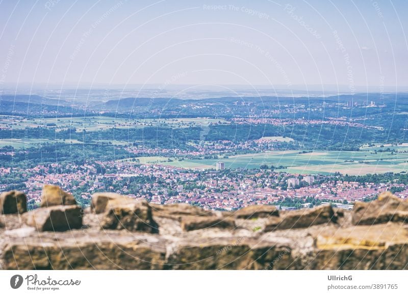 View from the Achalm castle ruin over the surroundings of Reutlingen, Baden-Württemberg, Germany. view overview city aerial view urban architecture travel