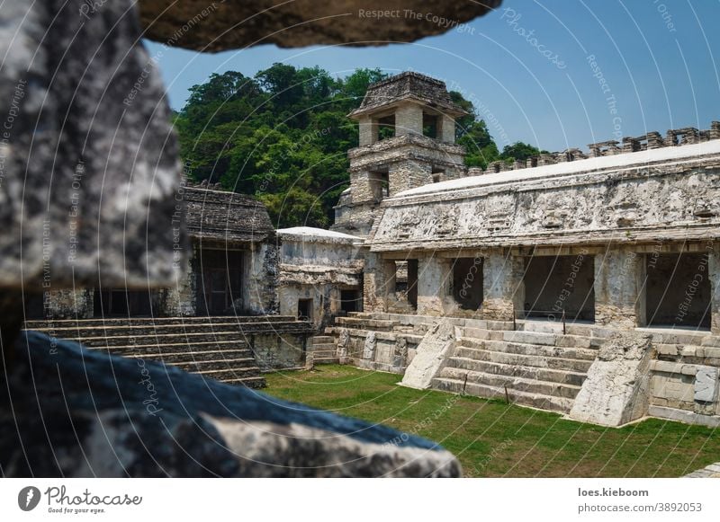 Patio in the Maya temple palace with observation tower, Palanque, Chiapas, Mexico palenque maya architecture mexico culture tourism civilization ancient