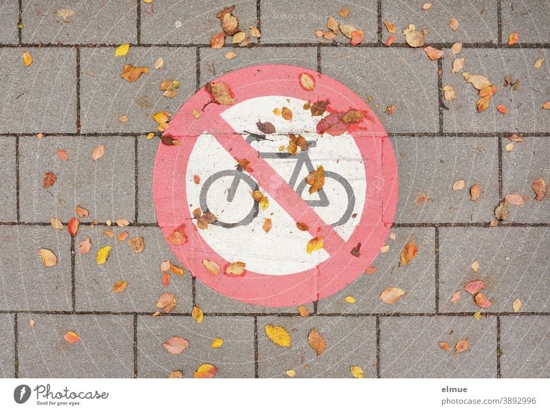 Traffic sign "Cycling prohibited" with autumn leaves / prohibition sign / traffic regulation painted on the grey concrete paved road no cycling Prohibition sign