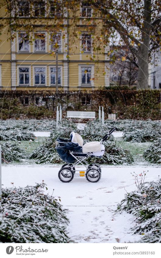 Pram in a snowy garden Snow Garden Frost Winter Cold Ice Freeze Frozen Baby carriage City life Town White November December January Newborns To go for a walk