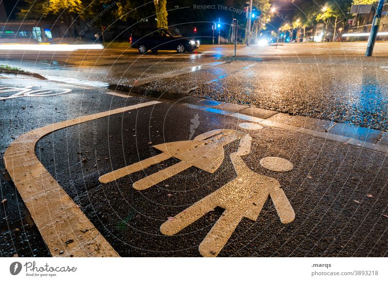 pedestrian crossing at night Night Road traffic Street Pedestrian crossing Traffic light Safety Child Mother Pictogram Lane markings Lanes & trails