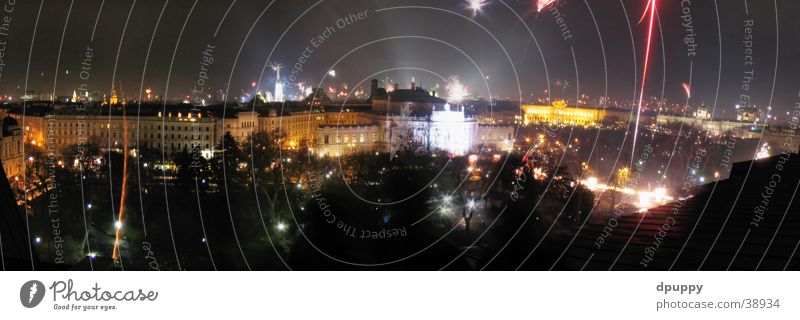 Happy new Vienna Night New Year's Eve Roof Long exposure Panorama (View) Austria Europe Firecracker town hall square Large Panorama (Format)