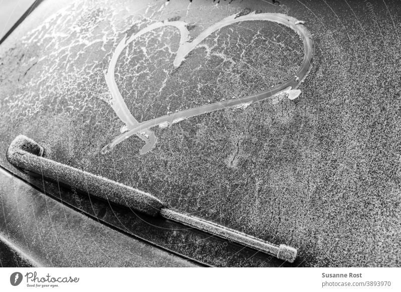 Heart on a frozen car window Romance Car window Frozen Ice Cold Frost Hoar frost Winter Ice crystal Freeze Love Declaration of love Display of affection