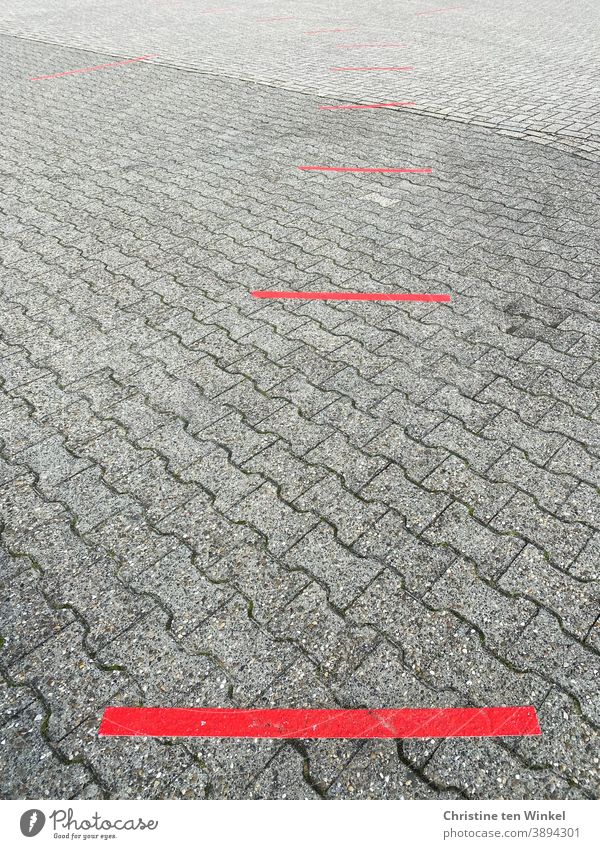 Keep your distance...  red lines as markers on grey stone pavement | corona thoughts keep sb./sth. apart Marker line Street corona virus Corona Pandemic gap