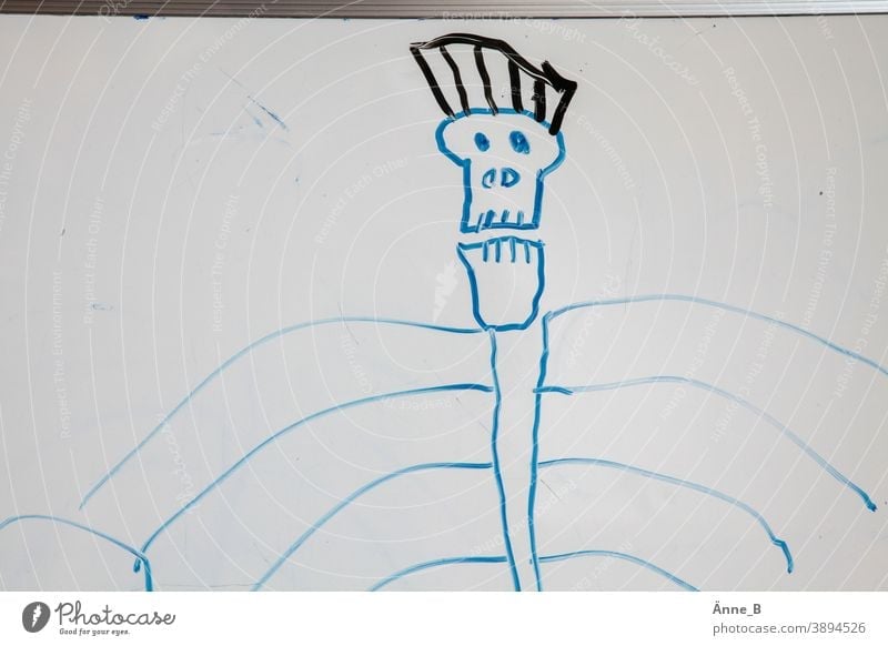 To be or not to be - children's drawing: skull Death's head rib Ribs Mohawk hairstyle Children's drawing Art Drawing whiteboard Blackboard dead Pirate Skeleton