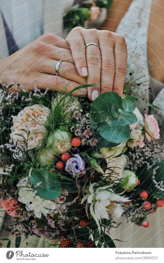 wedding hands Attachment Related Feeling of togetherness Together flowers Bouquet Ring Wedding band vintage floral marriage Matrimony Love Couple in common
