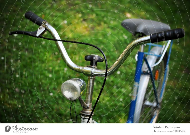 Bicycle handlebars Wheel Transport Green Direction Steering Handlebars Lamp Rust Old Oldschool vintage Park Trip Ecological fridays for future Movement Meadow