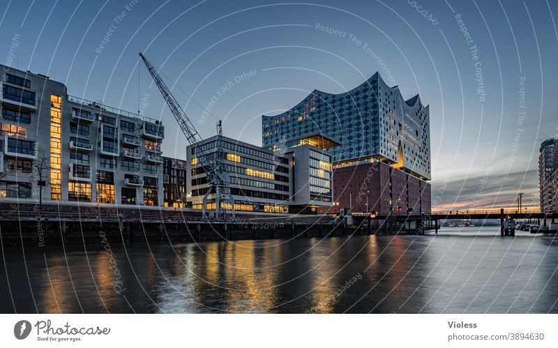 When it gets dark in Hamburg II Harbour Elbe Philharmonic Hall Michel Maritime Sunset Dark Reflection Long exposure Landmark Tourist Attraction Glittering