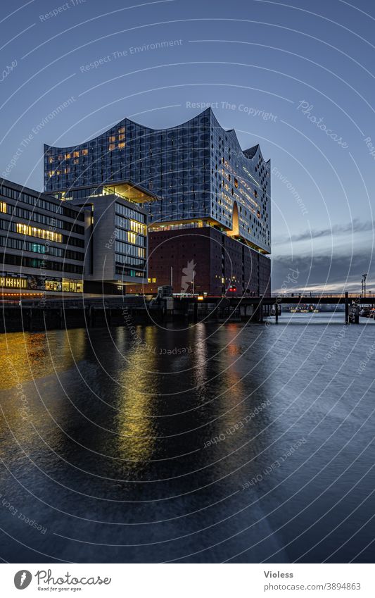 When it gets dark in Hamburg Harbour Elbe Philharmonic Hall Michel Maritime Sunset Dark Reflection Long exposure Landmark Tourist Attraction Glittering