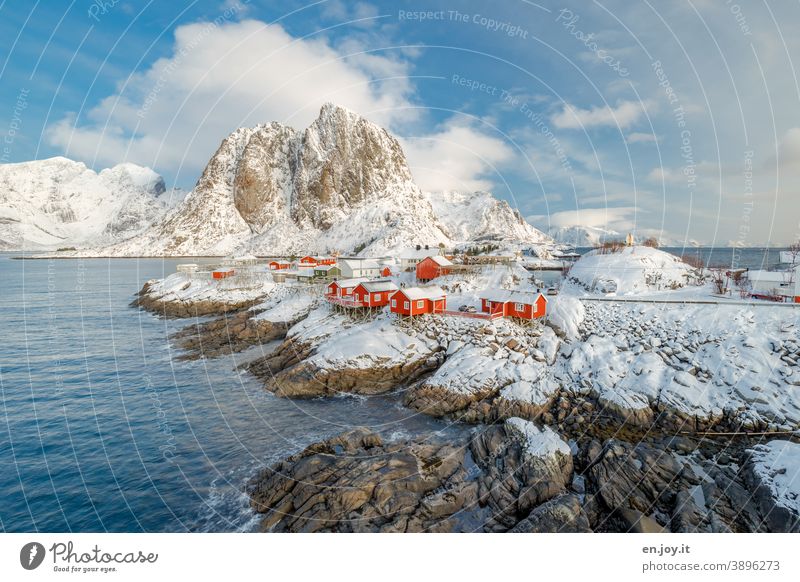 Hamnoy in the Lofoten Islands Hamnøy Lofotes Scandinavia Norway Reine Vacation in Norway Tourist Attraction Reinefjorden Winter Snow settlement Fishing village