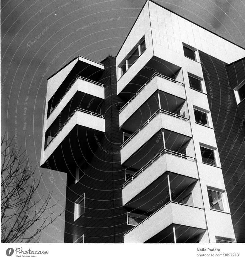 High-rise in black and white Analog Analogue photo Black & white photo dwell House (Residential Structure) Balcony Window Town The Ruhr Bochum Exterior shot