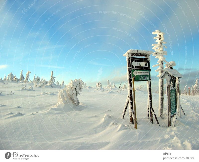 Idyllic in blue and white White Mountain Ski run Snow Road marking Snow layer Snowscape Ice sheet Winter's day Recreation area Deserted Exterior shot