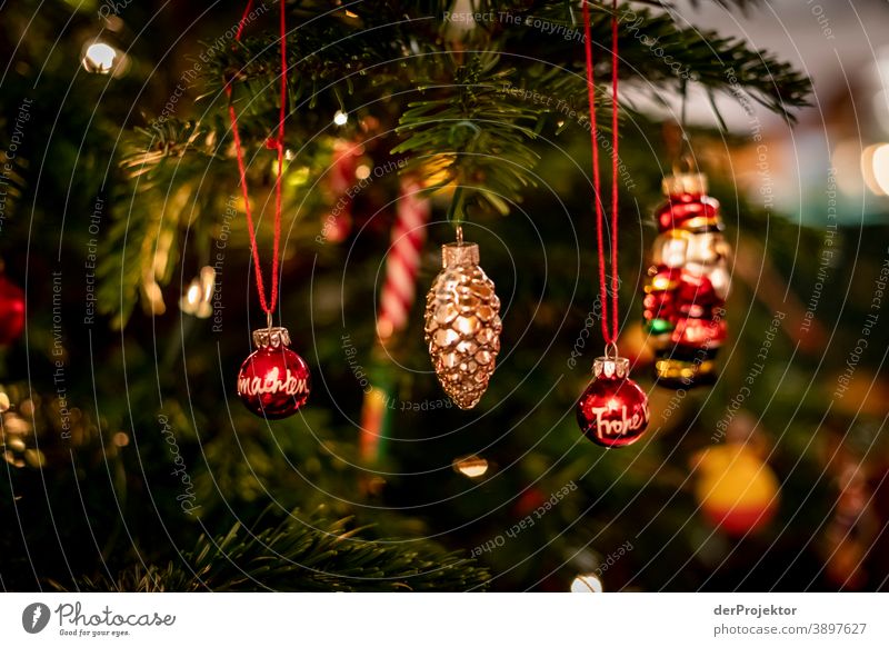 Christmas tree with Christmas balls Central perspective Shallow depth of field Light (Natural Phenomenon) Reflection Silhouette Contrast Shadow Night Evening
